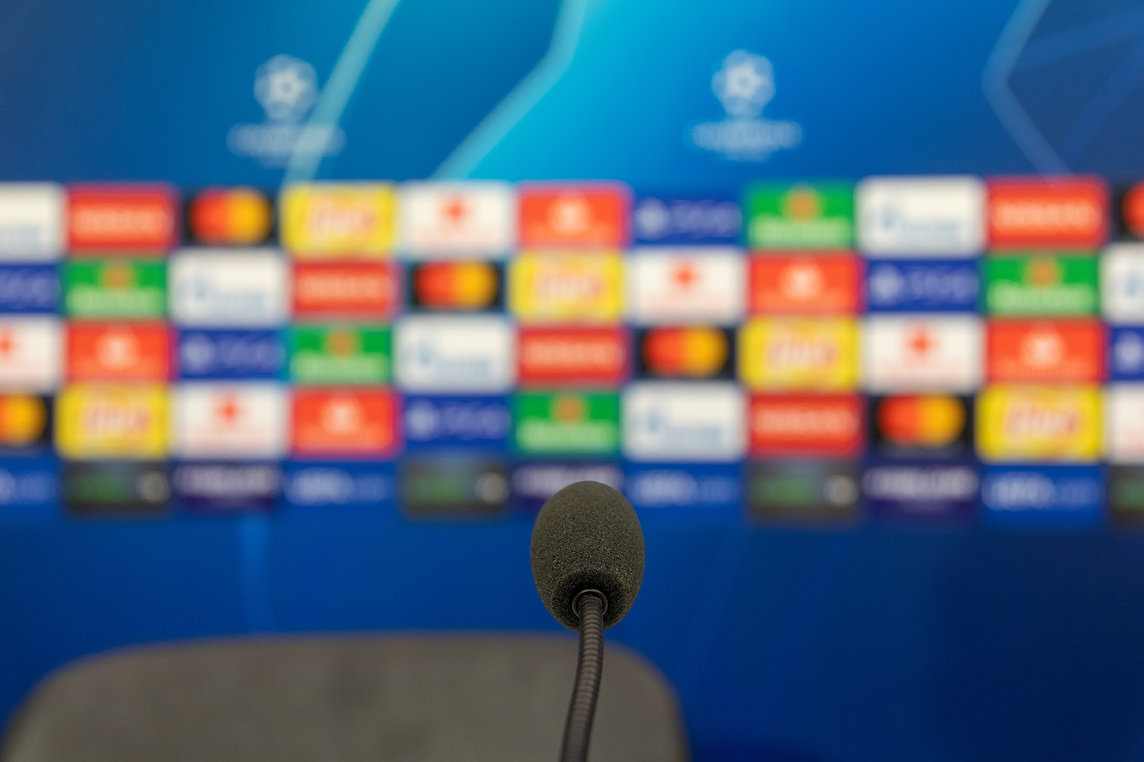 Thessaloniki, Greece - August 28, 2018: Close up on the microphone at the press conference before UEFA Champions League game PAOK vs FC Benfica played at Toumba Stadium. Shallow dof
